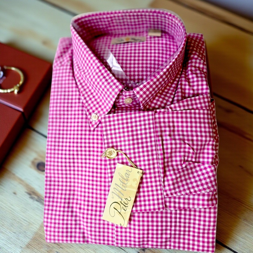 Peter Millar NWT Men's Button Down Shirt XL Extra Large Pink Gingham Check Long